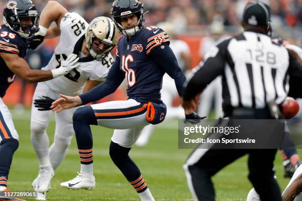 Chicago Bears punter Pat O'Donnell watches his block punt go through the end zone for a safety during the game between the New Orleans Saints and the...