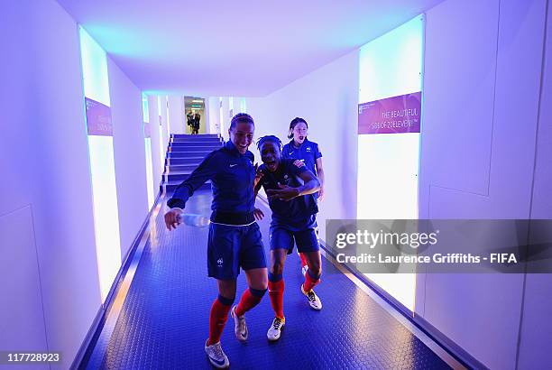 Elodie Thomis of France celebrates victory in the tunnel after the FIFA Women's World Cup 2011 Group A match between Canada and France at the Fifa...