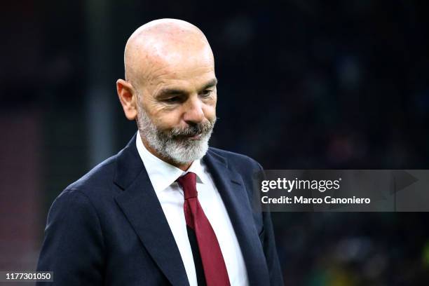 Stefano Pioli, head coach of Ac Milan, looks on before the Serie A match between Ac Milan and Us Lecce. The match ends in a draw 2 - 2.