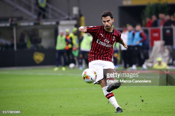 Suso of Ac Milan in action during the Serie A match between Ac Milan and Us Lecce. The match ends in a draw 2 - 2.