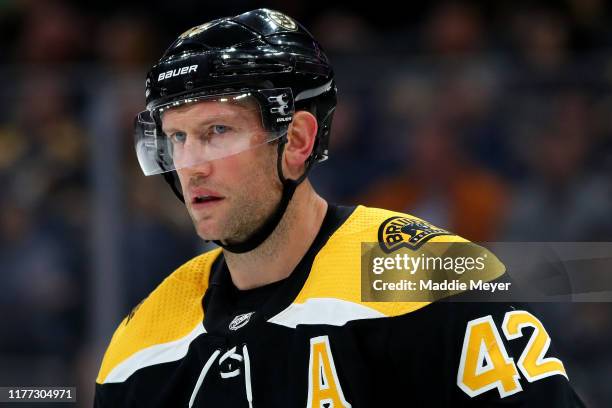 David Backes of the Boston Bruins looks on during the second period of the preseason game between the New Jersey Devils and the Boston Bruins at TD...