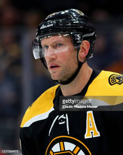 David Backes of the Boston Bruins looks on during the second period of the preseason game between the New Jersey Devils and the Boston Bruins at TD...