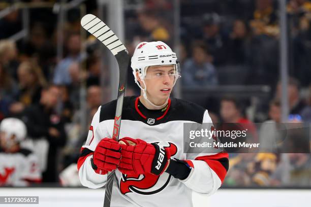 Nikita Gusev of the New Jersey Devils looks on during the third period of the preseason game between the New Jersey Devils and the Boston Bruins at...