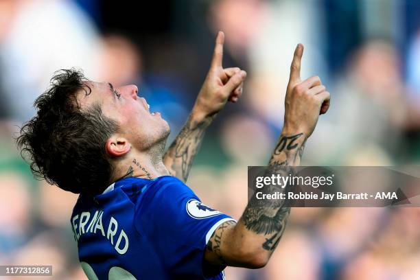 Bernard of Everton celebrates after scoring a goal to make it 1-0 during the Premier League match between Everton FC and West Ham United at Goodison...