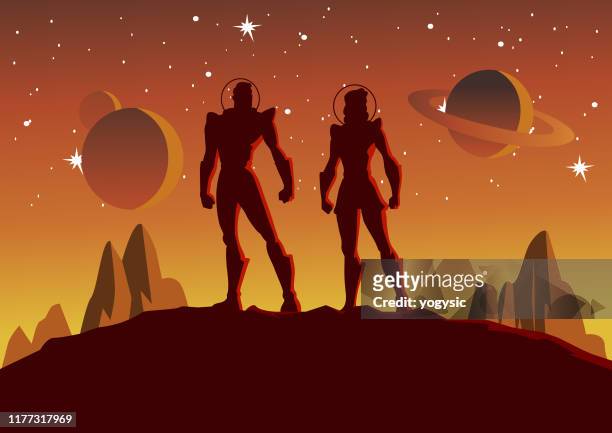 vector astronaut couple in space silhouette illustration - astronaut moon stock illustrations