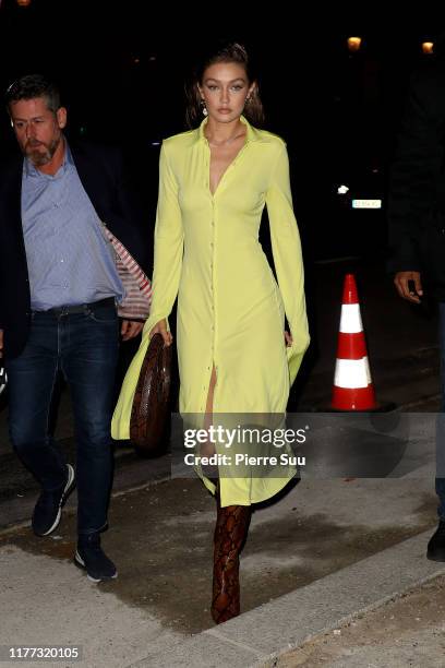 Gigi Hadid arrives at a party on September 26, 2019 in Paris, France.