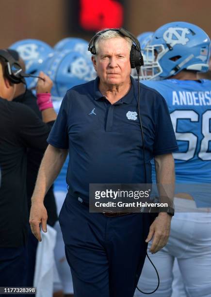 Head coach Mack Brown of the North Carolina Tar Heels against the Appalachian State Mountaineers during their game at Kenan Stadium on September 21,...