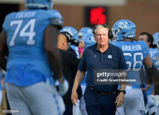 Head coach Mack Brown of the North Carolina Tar Heels against the Appalachian State Mountaineers during their game at Kenan Stadium on September 21,...