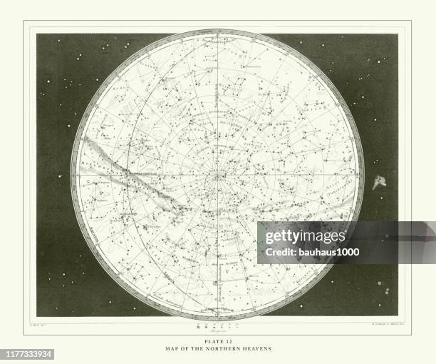 ilustrações, clipart, desenhos animados e ícones de antique gravado, mapa dos céus do norte gravura antiga ilustração, publicado 1851 - astronomy