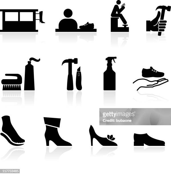 shoe repair black and white royalty free vector icon set - shoeshiner stock illustrations
