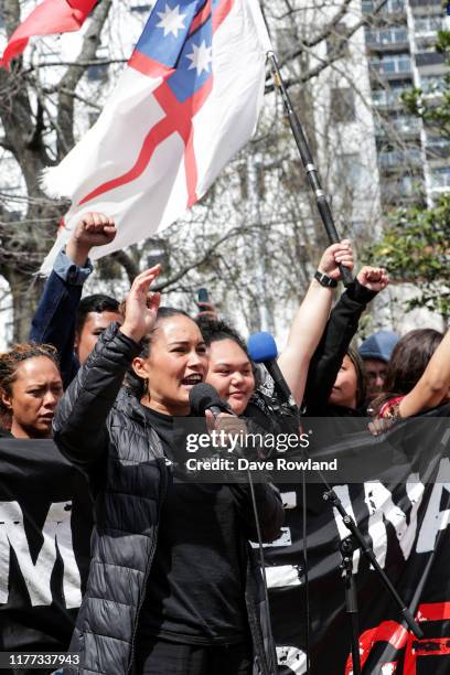 Pania Newton, organiser of the Ihumātao protests speaks in Aotea Square on September 27, 2019 in Auckland, New Zealand. Rallies held across New...