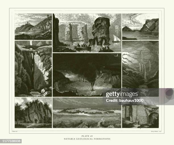 engraved antique, notable geological formations engraving antique illustration, published 1851 - sandstone stock illustrations