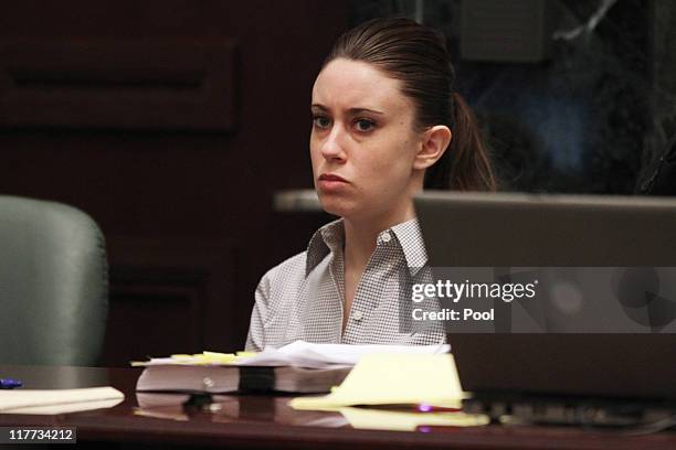 Casey Anthony listens to the testimony of Krystal Holloway, who claims to have had an affair with Anthony's father, during her murder trial at the...