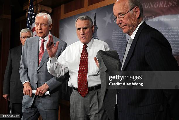 Sen. Mike Enzi , Sen. Orrin Hatch , Senate Minority Whip Sen. Jon Kyl , and Sen. Pat Roberts attend a news conference June 30, 2011 on Capitol Hill...