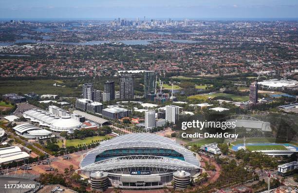 Stadium Australia, commercially known as ANZ Stadium and formerly as Telstra Stadium, can be seen from above on February 16, 2019 at Sydney Olympic...