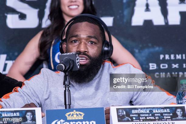 Adrien Broner speaks to the media during the Final Press conference for his upcoming fight against Jesse Vargas at Barclays Center on April 19, 2018...