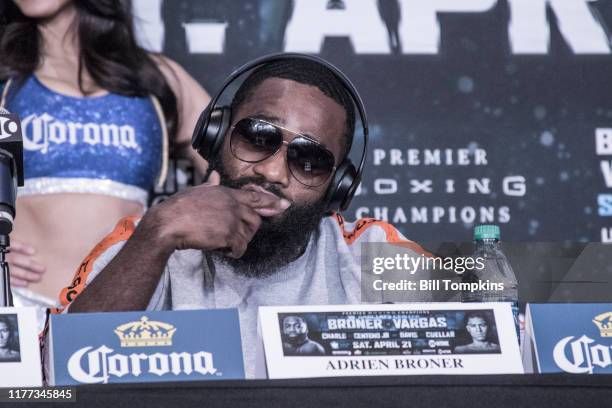 Adrien Broner speaks to the media during the Final Press conference for his upcoming fight against Jesse Vargas at Barclays Center on April 19, 2018...