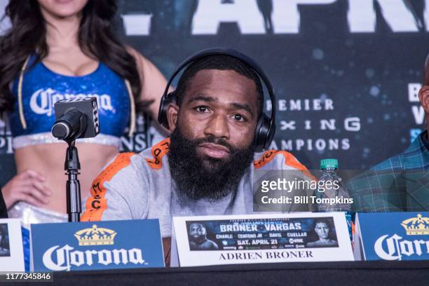 Adrien Broner speaks to the media during the Final Press conference for his upcoming fight against Jesse Vargas at Barclays Center on April 19, 2018...