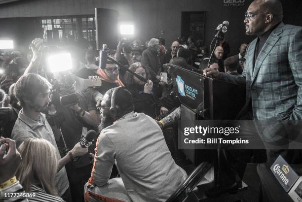 Adrien Broner speaks to the media during the Final Press conference for his upcoming fight against Jesse Vargas at Barclays Center on April 19, 2018...