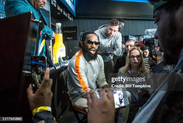 Adrien Broner speaks to the media during the Final Press conference for his upcoming fight against Jesse Vargas at Barclays Center on April 19, 2018...