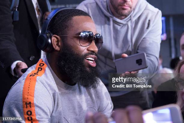 Adrien Broner speaks to the media during the Final Press conference for his upcoming fight against Jesse Vargas at Barclays Center on April 19, 2018...