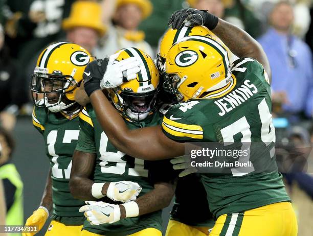 Geronimo Allison of the Green Bay Packers celebrates with teammates after scoring a touchdown in the second quarter against the Philadelphia Eagles...