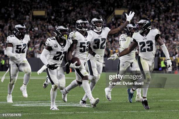 Nigel Bradham of the Philadelphia Eagles celebrates with teammates after making an interception in the fourth quarter against the Green Bay Packers...
