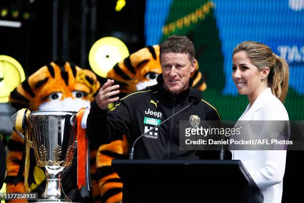 Tigers head coach Damien Hardwick speaks during the 2019 AFL Grand Final Parade on September 27, 2019 in Melbourne, Australia.