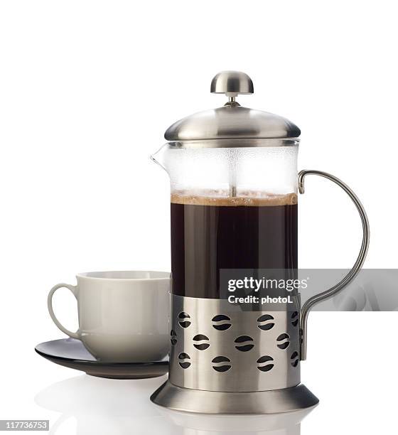 french press with cup isolated. - coffee plunger stock pictures, royalty-free photos & images