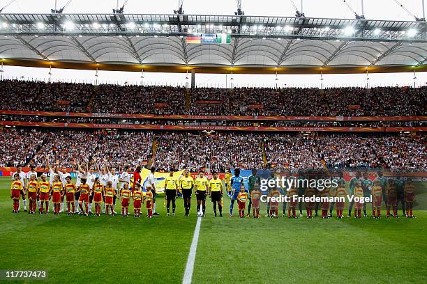 The teams of Germany Nigeria line up during the FIFA Women's World Cup 2011 Group A match between Germany and Nigeria at FIFA World Cup stadium...