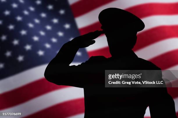 silhouette of soldier saluting in front of us flag - officer saluting stock pictures, royalty-free photos & images