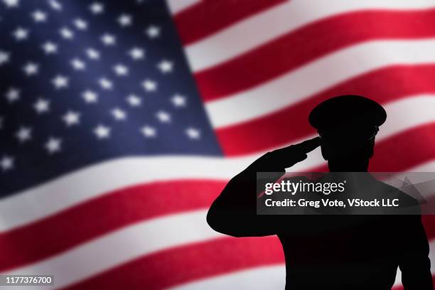 silhouette of soldier saluting in front of us flag - naval officer stock pictures, royalty-free photos & images