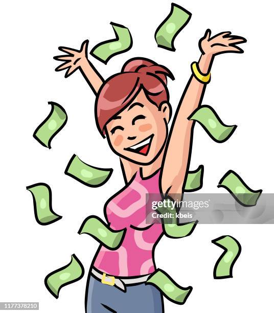 young woman standing under money rain - pennies from heaven stock illustrations