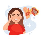 Vector illustration of a cute girl holding her ear.