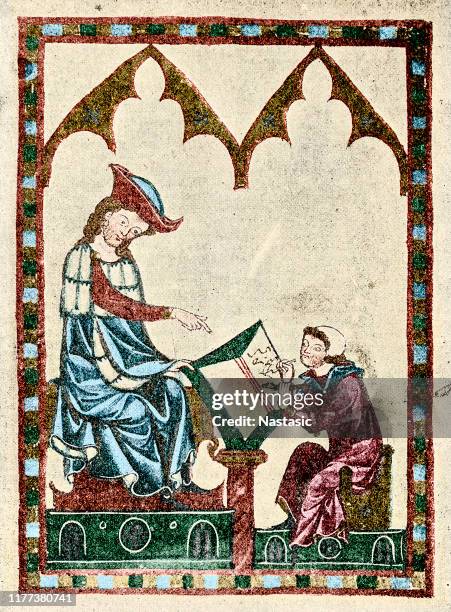 konrad von würzburg (died august 31, 1287) was the chief german poet of the second half of the 13th century ,portrait of konrad von würzburg from the codex manesse (folio 383r). - circa 13th century stock illustrations
