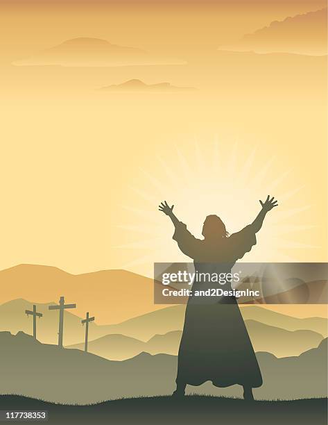 silhouette of jesus with raised arms on easter morning - easter sunrise 幅插畫檔、美工圖案、卡通及圖標