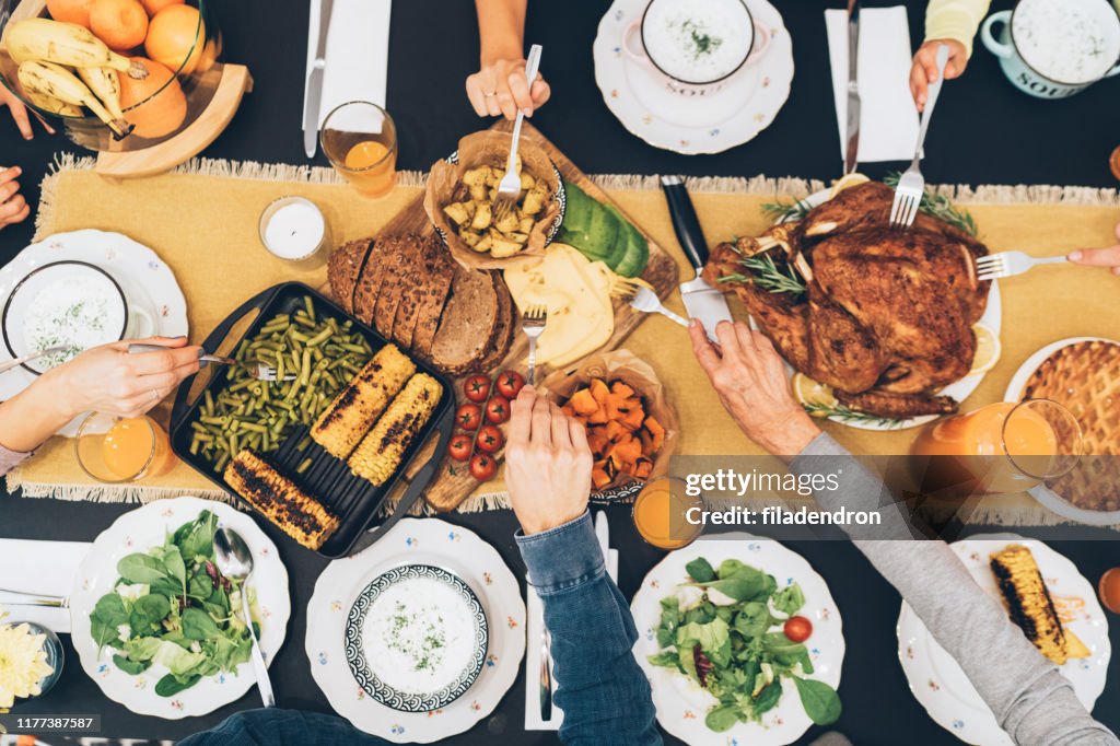 Overhead view of table during Christmas dinner