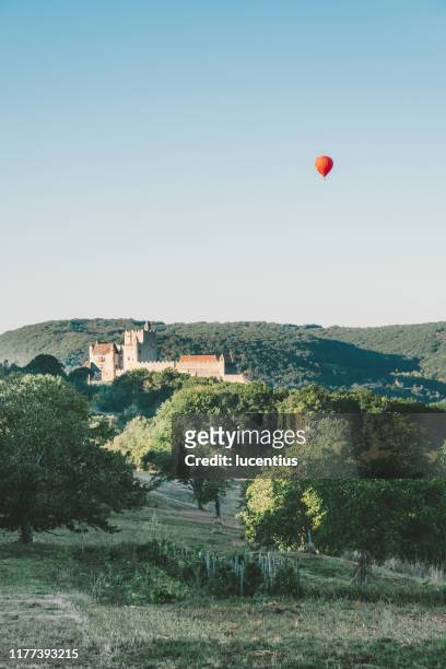 balloon above beynac et cazenac, dordogne, france - périgord photos et images de collection
