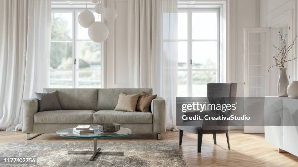 modern scandinavian living room interior - 3d render - beige carpet stock pictures, royalty-free photos & images