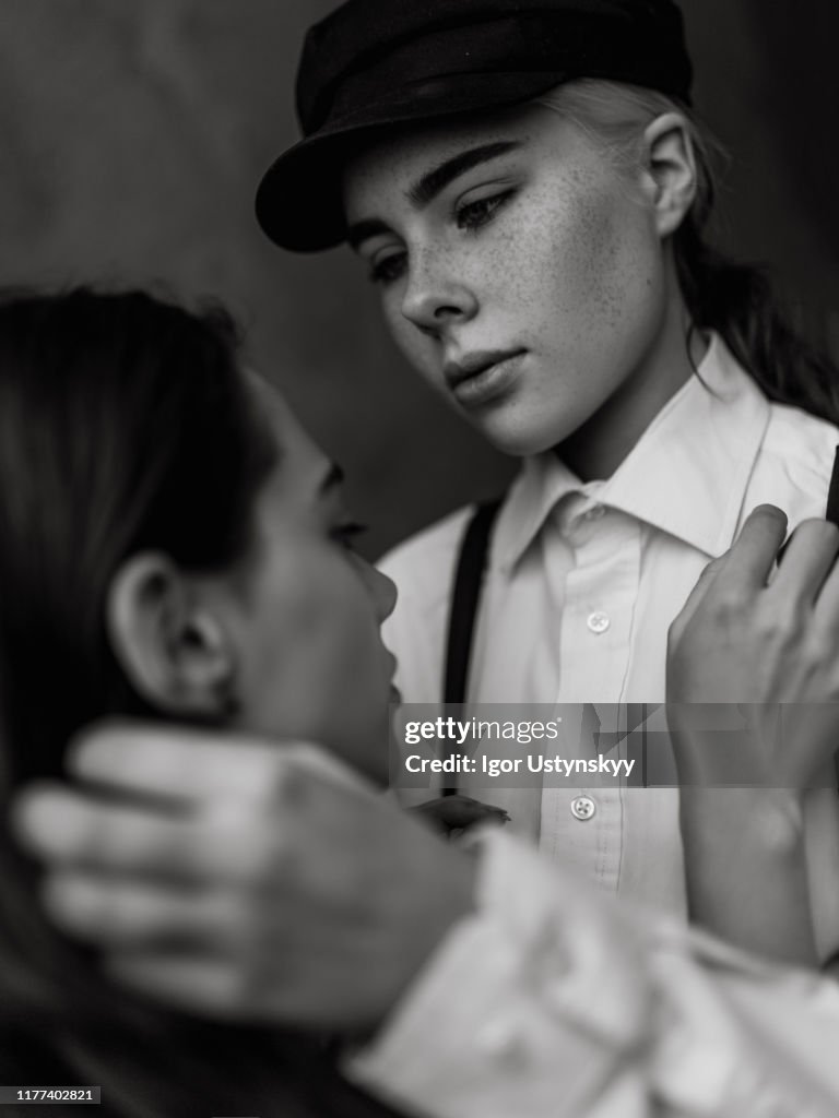 Vintage lesbian couple embracing