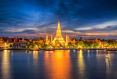 sunset city skyline at Wat Arun temple and Chao Phraya River, Bangkok. Thailand,