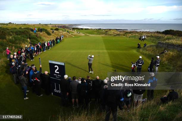 Eddie Pepperell of England tees off on the 2nd hole during Day two of the Alfred Dunhill Links Championship at Kingsbarns Golf Links on September 27,...