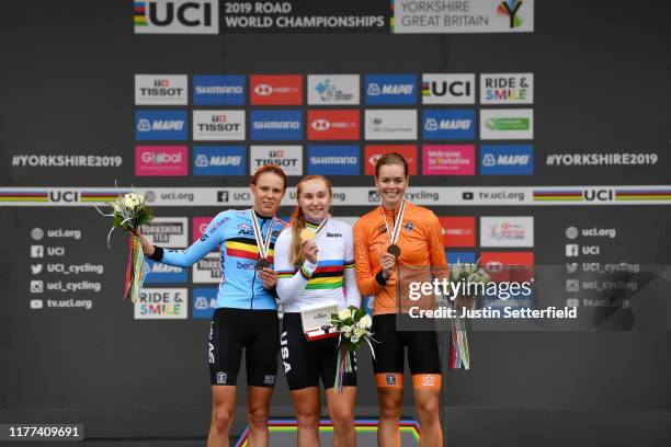 Podium / Julie De Wilde of Belgium Silver medal / Megan Jastrab of The United States Gold medal / Lieke Nooijen of The Netherlands Bronze medal /...