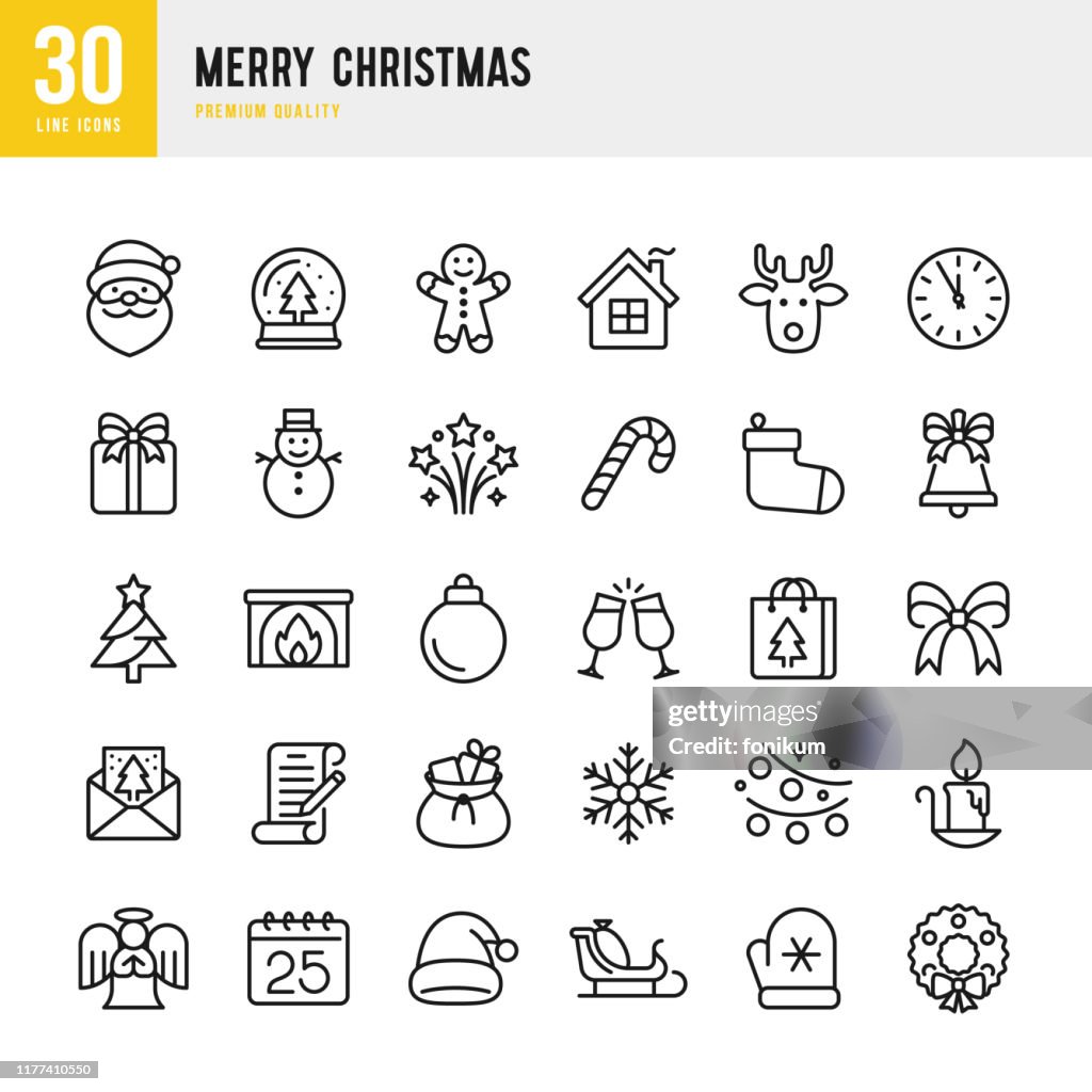 Weihnachten - dünne Linie Vektor-Symbol-Set. Pixel perfekt. Set enthält solche Symbole wie Weihnachtsmann, Weihnachten, Geschenk, Redes, Weihnachtsbaum, Schneeflocke.