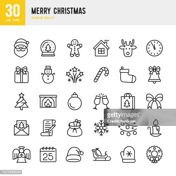 クリスマス - 細い線ベクトルアイコンセット。ピクセルパーフェクト。セットは、サンタクロース、クリスマス、ギフト、トナカイ、クリスマスツリー、雪片などのアイコンが含まれていま� - クリスマスの飾り点のイラスト素材／クリップアート素材／マンガ素材／アイコン素材