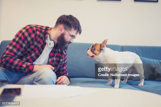 homem considerável, do hipster que senta-se no sofá da sala de visitas com seu cão - dog dj - fotografias e filmes do acervo