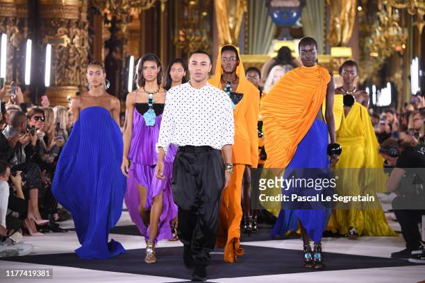 Designer Olivier Rousteing walks the runway during the finale at the Balmain Womenswear Spring/Summer 2020 show as part of Paris Fashion Week on...