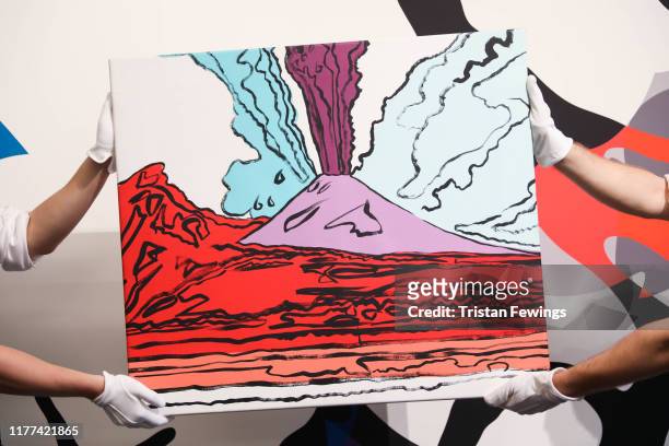 Andy Warhol's Vesuvius is displayed to the press during the preview for Sotheby’s Frieze Week Contemporary Art Auctions at Sotheby's on September 27,...