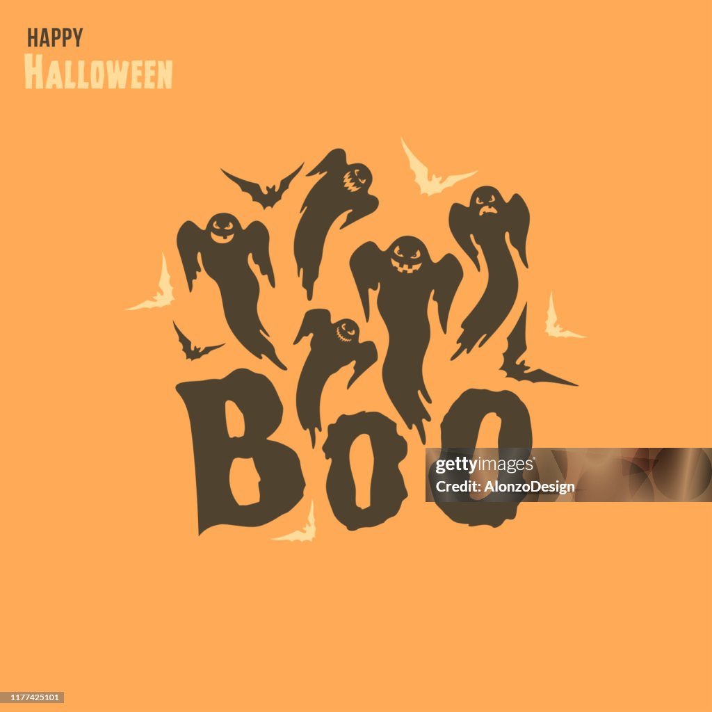 Feliz Halloween. Tarjeta de felicitación con fantasmas voladores.