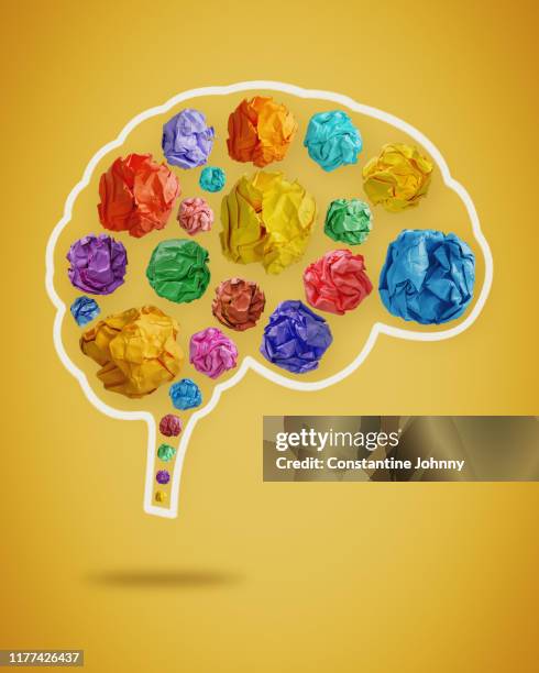 creative mind. colorful crumpled paper balls in brain shape - remembrance imagens e fotografias de stock